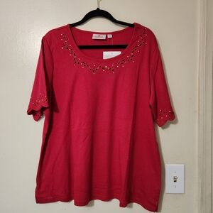 Quacker Factory Red Embellished Short Sleeve Scalloped Sequin Top 1X New
